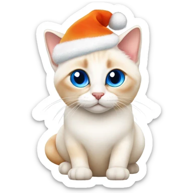 chubby flame point Siamese, white fur with orange accents and blue eyes wearing a red christmas hat  sticker