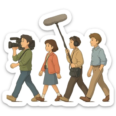 a flim crew, walking from left to right across frame: a cameraman, and a microphone operator sticker