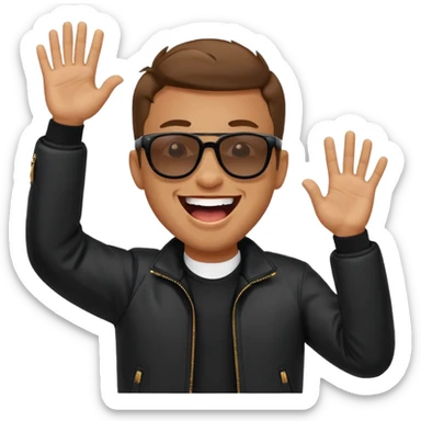 happy man with sunglasses, open mouth laugh, waving, black jacket sticker