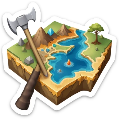An icon featuring a pickaxe and a geological map, and layers of Earth’s crust, symbolizing geology. The design includes mineral samples, fossils, and tectonic plates, representing the study of Earth’s structure and natural processes. Transparent background highlights geological exploration sticker