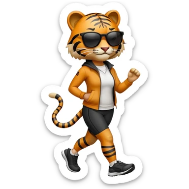 female energetic anthropomorphised tiger in sports clothes, wearing dark sunglasses, walking upright sticker