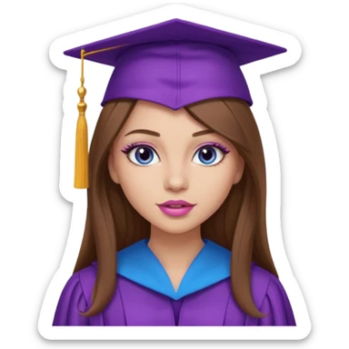 girl with beautiful long brown hair, blue eyes, long lashes makeup, sexy pink lips, wearing a purple graduation cap and gown sticker