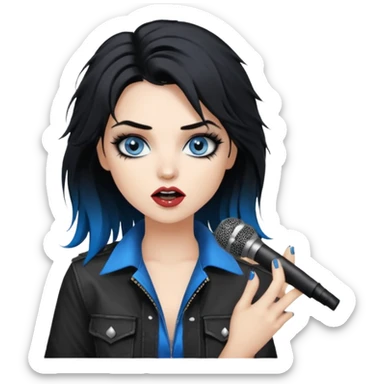 
 rockstar girl with black disheveled hair, blue eyes, Smokey eyes grunge makeup, singing  sticker