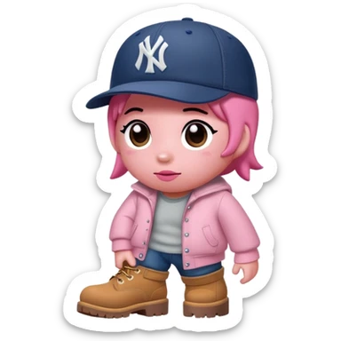 Kirby the cartoon character with timberland boots and a new york Yankee cap sticker
