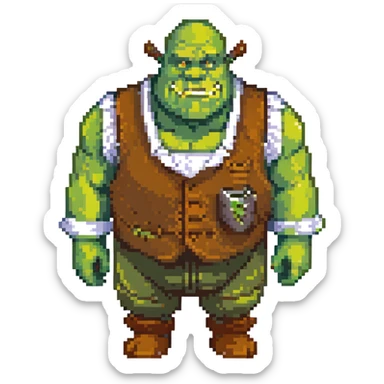 Shrek as a pixel art style green ogre, simple features, brown vest, white shirt, blocky look sticker