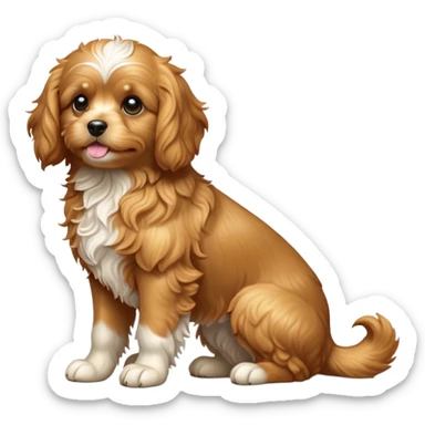 cinematic-[cavoodle dog]-realistic-full-body-sitting-emoji,-tail-resting-loosely-beside-its-paws,-head-tilted-dramatically,-wavy-[solid golden]-fur,-simplified-yet-realistic-focused-features,-highly-detailed,-glowing-with-an-almost-sarcastic-glow sticker