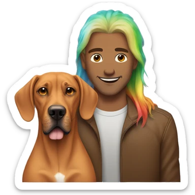 white male with long rainbow colored hair alongside a brown rhodesian ridgeback sticker