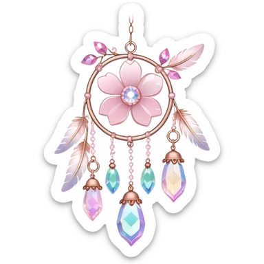 Hanging Iridescent pastel pink sakura crystals white-pearly suncatcher with bells and feathers sticker