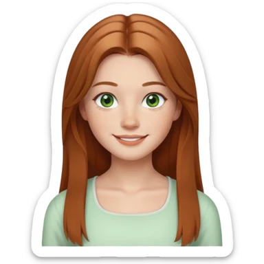 emoji of a woman named Freya McOmish, smiling, green eyes, long light brown hair, subtle freckles, modern casual style, broad shoulders, wearing a white square neck top sticker