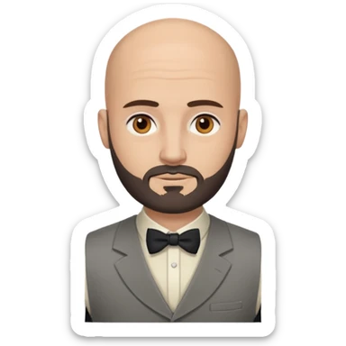 bald headed brown eyes groom with dark beard cream shirt grey vest sticker