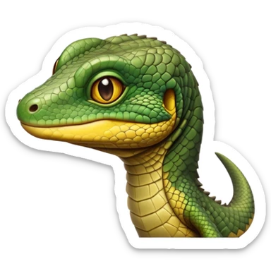 cinematic-realistic-cute-monitor-lizard-portrait-emoji,-head-tilted-playfully-and-inquisitively,-featuring-a-compact,-agile-body-with-finely-detailed,-glossy-scales-in-earthy-olive-hues-and-a-distinct,-alert-face-with-bright,-curious-eyes, yellow and dark green sticker