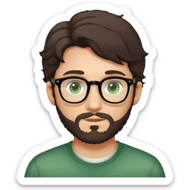 young man with dark slightly curled hair wearing glasses with green eyes and light beard sticker