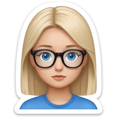 Blonde girl with straight hair blue eyes and black glasses with a blue shurt sticker
