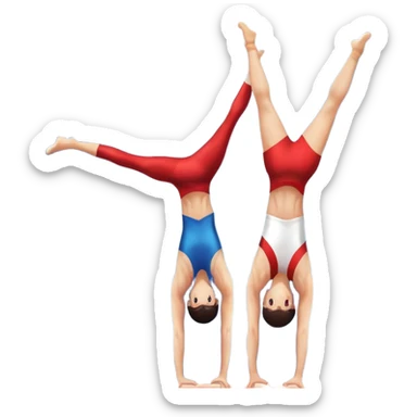 A skilled acrobat performing a handstand with perfect balance, while another acrobat gracefully flips in the air, showcasing their strength and precision. The background features a large gymnasium with bright lights and cheering audience, symbolizing adult acrobatics as a coordinated sport. sticker