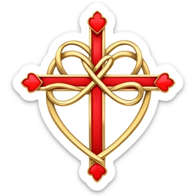 Two red  heart outlines  entwined with a simple gold cross  sticker