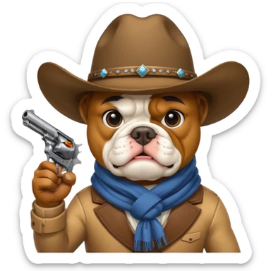 A bulldog wearing a cowboy hat, covering his face with a scarf so he wouldn't be recognized, pointing a revolver at you, telling you to hand over your money. sticker