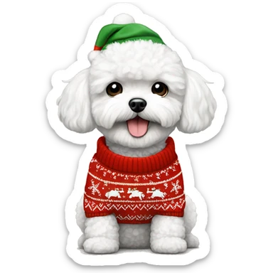 white maltipoo in a christmas sweater sticker