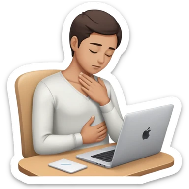 Person with closed eyes, deep breath, hand on chest, computer with email open in front of them sticker