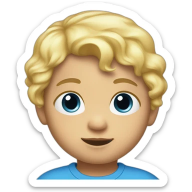 A baby with blond hair and a blue T-shirt sticker
