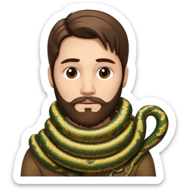 portrait man long brown hair brown eyes medium beard white skin with snake wrapped around neck calmly sticker