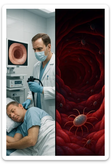 A split-screen medical illustration in cinematic style: on the left side, a doctor performing a colonoscopy on a patient in a sterile clinic, with the endoscopic camera displaying clean, healthy mucosal surfaces on a screen. On the right side, a symbolic cross-section of the same intestine — but shown in deeper layers beneath the surface, where parasitic organisms (small, translucent or shadowy figures) hide between folds and tissues not visible via standard scope. The contrast is clear: what is seen vs. what remains hidden. Lighting on the left is bright, sterile, clinical; lighting on the right is darker, with red and blue tones to suggest inflammation and invasion. Shot in hyper-realistic 3D medical style, educational but emotionally charged IN ITALIANO sticker