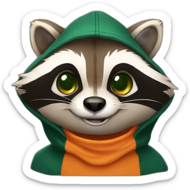 brown raccoon with orange eyes and a dark green hood that is laughing sticker