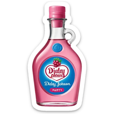 bottle of oil blue top pink outside with logo that says Diddy Party oil Johnson and Johnson  brand with a smiling berry on top sticker