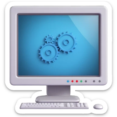 3D style icon of computer settings, featuring a computer monitor with visible cogs or gears, modern and dimensional, suitable for a tech interface sticker