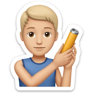 a beige skin colored hand holding a cylindrical tube, no sleeves, sticker