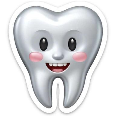 human tooth emoji, smooth chrome ceramic-metal texture, clean medical luxury aesthetic, isolated on white sticker