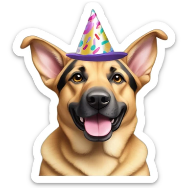 German shepherd tan Pitt bull floppy ear mixed dog wearing birthday hat sticker