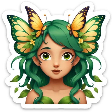 Cinematic Realistic Forest Fairy Portrait, head tilted playfully and inquisitively, showcasing a nature-inspired form with intricately detailed, sunlit tanned skin and cascading dark green hair interlaced with leaves and blossoms showing her large butterfly wings from her back. Her bright, curious eyes sparkle with forest mischief, rendered with lifelike clarity and warm, dappled lighting that captures the spirit of an enchanting woodland fairy ready to dance among the trees. sticker