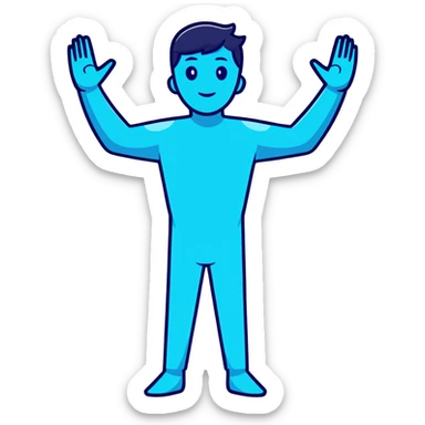 Person standing with arms outstretched in T-pose with 3D scanning blue light effect covering their body sticker
