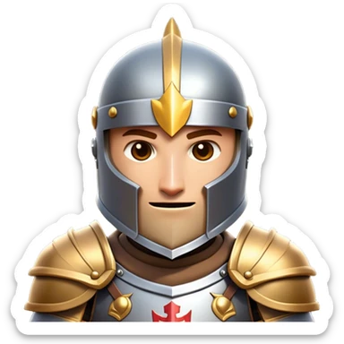 Clash of Clans style friendly Knight Portrait Emoji, With simple armored build featuring a gleaming suit adorned with simple heraldry and a covered fave behind a visored helm, his face rendered in a natural skin tone (not yellow), Simplified yet dynamic features, highly detailed, glowing with a cool, steely radiance, high shine, courageous and resolute, stylized with an air of chivalric valor, focused and stalwart, soft glowing outline, capturing the essence of a valiant knight ready to charge into epic quests with honor! sticker