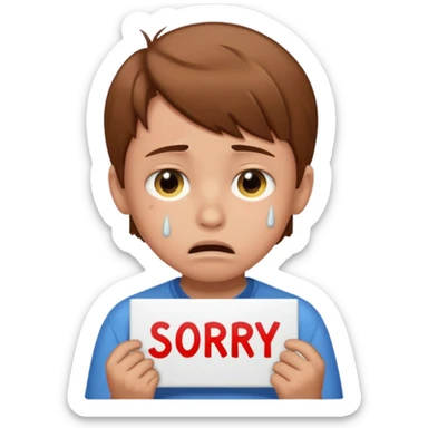 Boy with sign written sorry bhasha with crying emoji sticker