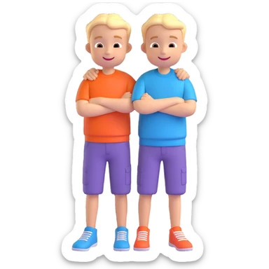 Two cartoon-style 2 boys with similar features, arms around each other's shoulders, smiling, matching outfits, standing close, white background, emoji style sticker