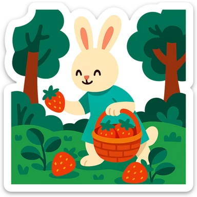 bunny picking strawberries in the woods, sweet pastel red, vibrant toon style sticker