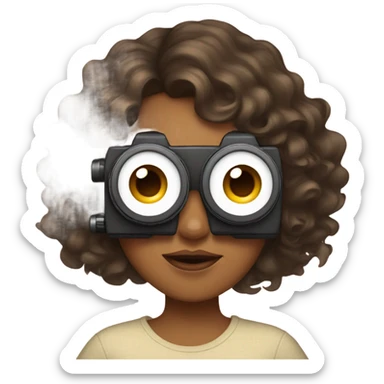 UGC content girl with camera cover face, olive with brown soft Hollywood curls sticker