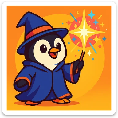 a cute penguin wizard casting a sparkling spell, wearing a robe and hat, in a colorful cartoon style sticker