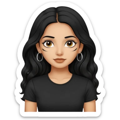 a pretty indian bratz girl with wavy long black hair, wearing a black tshirt, eyeliner on. no earrings sticker