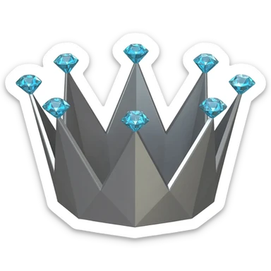 Minimalist 3D emoji based on: grey-graphite geometric crown made of cold, grey brushed steel. Integrated at the top is a severe; one large, sparkling light blue diamond is set precisely on each of its points. Soft, even lighting, isolated for sticker quality sticker