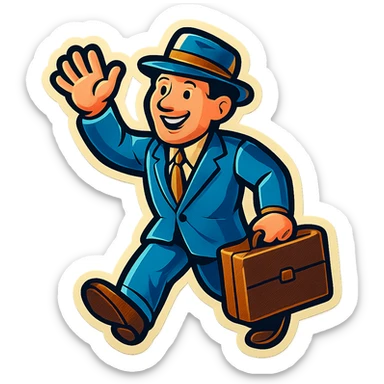 a classic door-to-door salesman with a hat and sample case, retro illustration style sticker