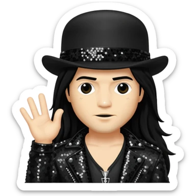 Slash from Gun n Roses with long jet black hair, black sequin outfit sticker