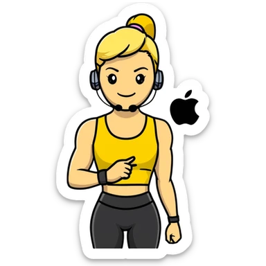 Sporty blonde woman in yellow top and black leggings, showing bicep, smiling, with wireless earbud and Apple Watch sticker