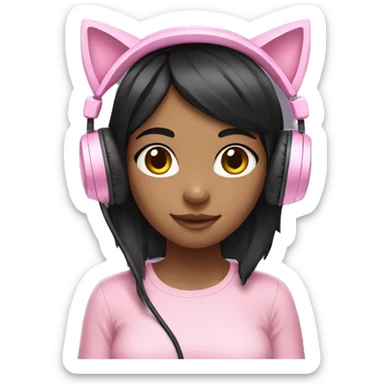 Black hair girl with pastel pink gaming headset that has cat ears  sticker