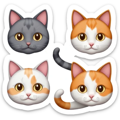 5 different coloured short haired cats including; a dark brown and white cat, and a dark grey and white, and a calico sticker