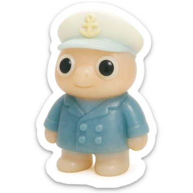 full-body boat captain, retro 90's toy style, very transparent and slightly see-through, natural tan skin, white captain's hat, navy jacket, large round derpy eyes like reference turtle, soft plastic texture, soft reflections, soft and squishy, some cloudiness, not shiny, highly detailed, appealing, no tag, no background sticker