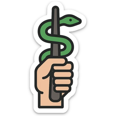 digital sticker of a wand with a snake coiled around a hand, semi-realistic vector art style, clean outlines, flat green, black, and gray colors, slight shadows, arranged for a sticker sheet sticker