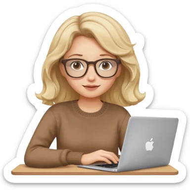 iOS style emoji, upper body view: blonde girl with dark blonde wavy hair, wearing pantos-style glasses and a brown sweater, sitting with a laptop, flat vector design, soft pastel colors, white background, Apple emoji style, upper body shot sticker