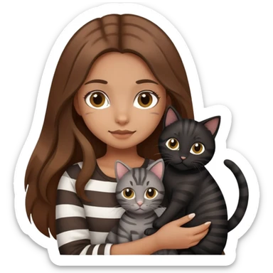 tan girl with long brown hair holding two cats, one black cat and one grey-striped cat sticker